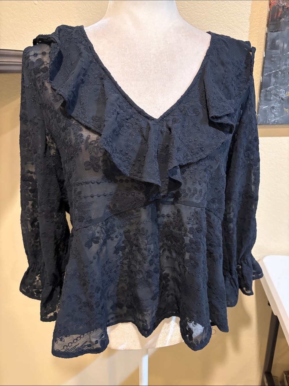 Lands' End Black Lace Ruffle V-Neck Blouse